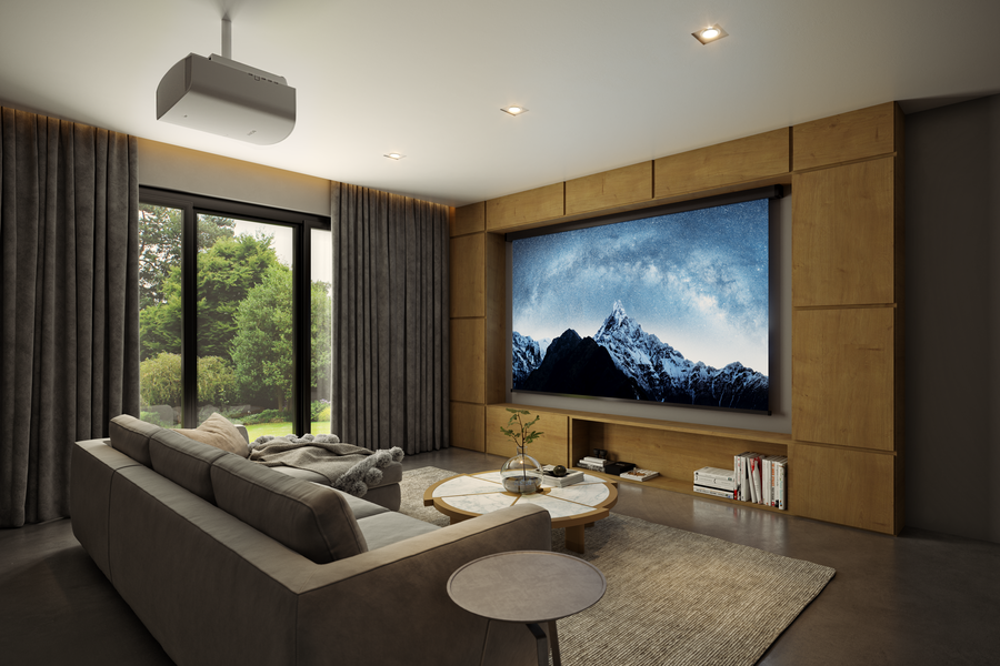 A media room featuring a wall-mounted Sony ES TV screen.
