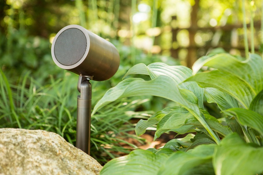 A Coastal Source Modulus speaker installed between rocks and plants.  