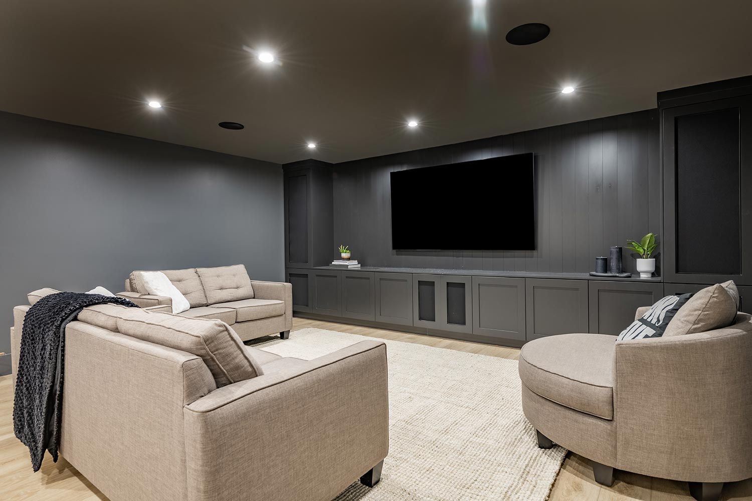 Media Room with grey and natural colors