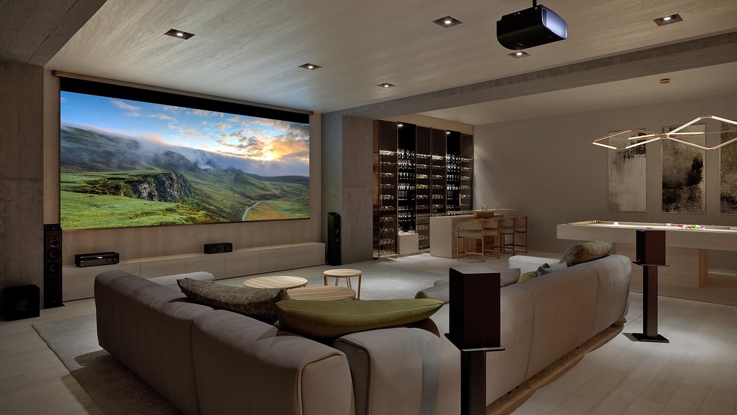 Sony Home Theater with wooden walls and ceiling in neutral colors